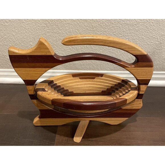 Cat Kitten Wood Collapsible Fruit Bread Basket Rustic‎ Farm Cottage - Picture 1 of 5